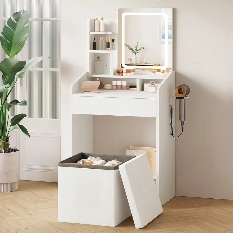LIVELYGLOW 24” White Small Vanity Set with Lighted Mirror & Storage Stool