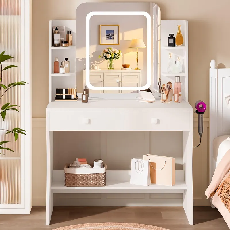 LIVELYGLOW 29.5” White Small Makeup Vanity Desk with Power Outlet & Mirror