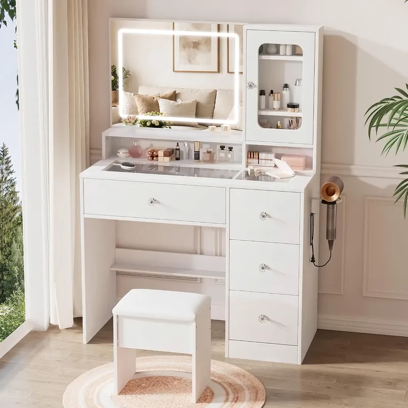 LIVELYGLOW 35.4” White Makeup Vanity Desk with Glass Top & Acrylic Cabinet