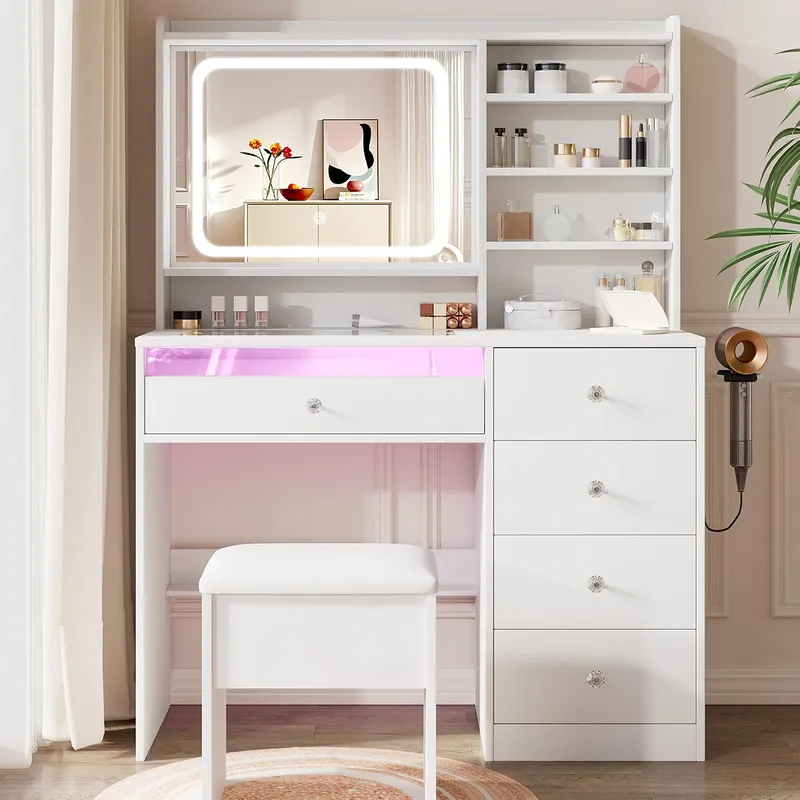 LIVELYGLOW 39.4” White Vanity Desk Set with Glass Desktop & RGB Light Strip