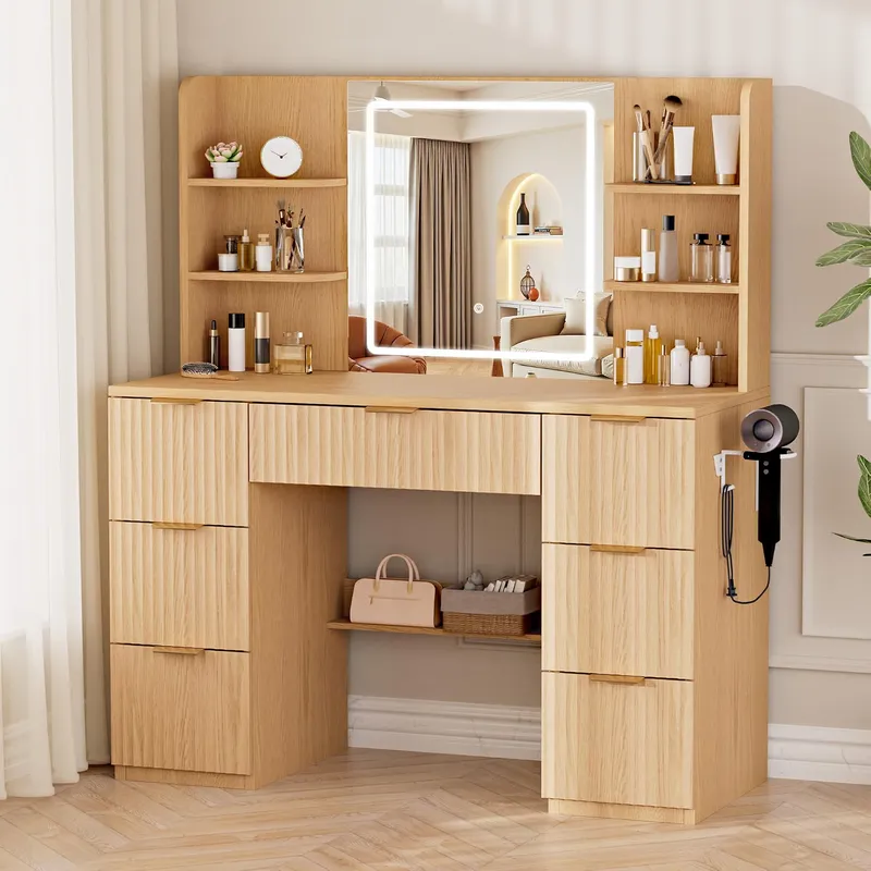LIVELYGLOW 43” Large Natural Wood Makeup Vanity Desk with Charging Station