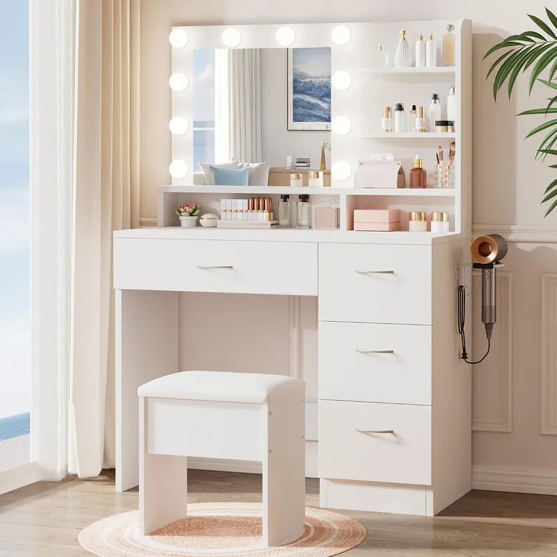 LIVELYGLOW White Makeup Vanity Desk with Charging Station